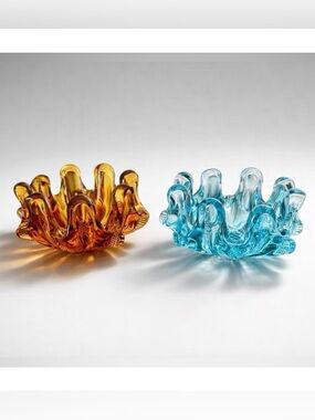 Vintage Amber & Aqua Murano Style Swung Glads Art Bowls- set of 2